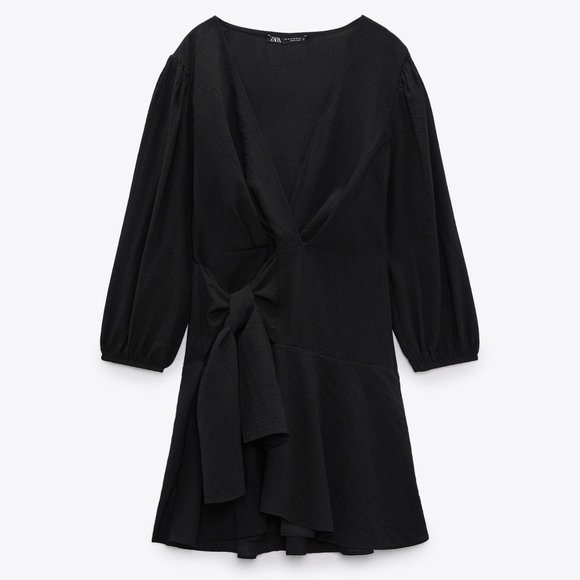 Zara Black Crossover Bow Tie Side Long Sleeve Dress - Picture 4 of 6